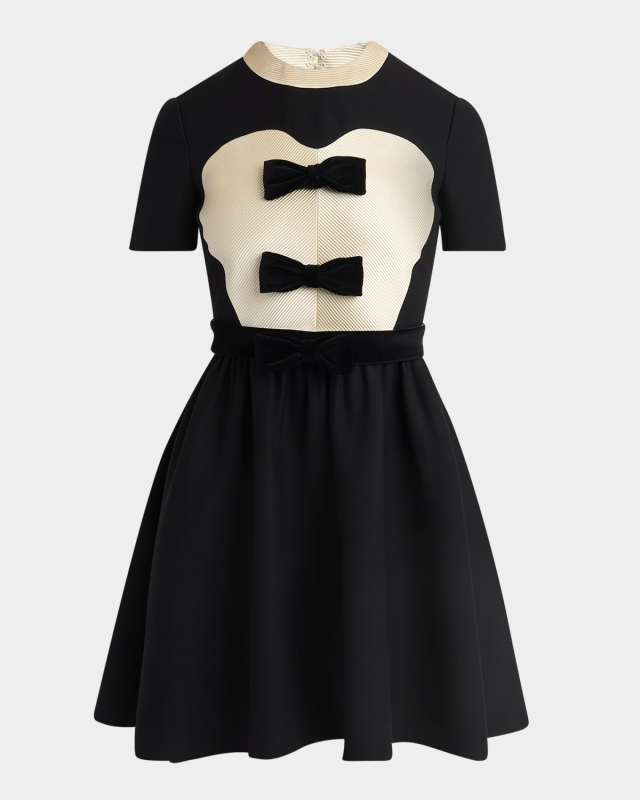 Velvet Bow Short-Sleeve Bi-Color Crepe Mini Dress